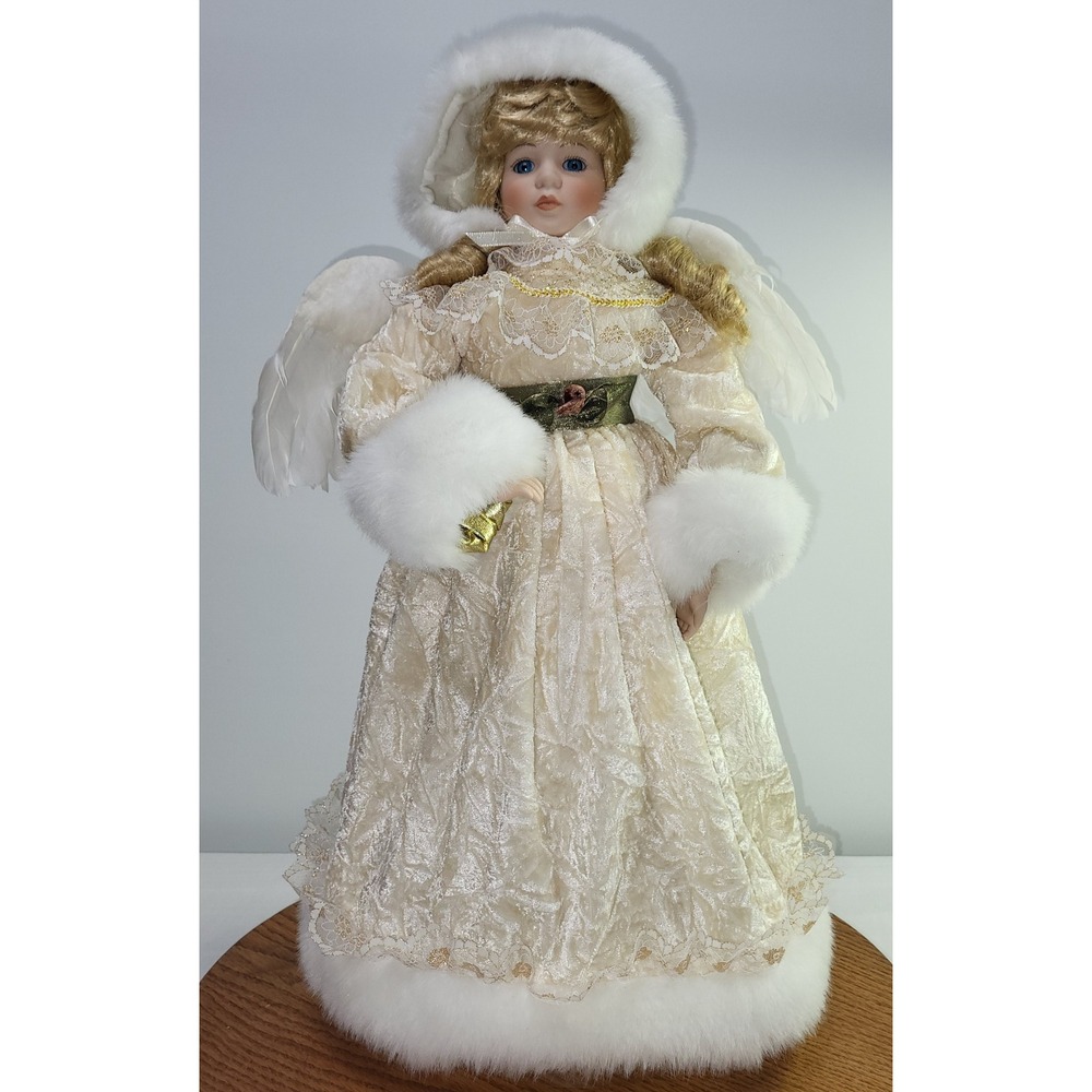 Angel Tree Topper Porcelain Doll Cream Gold Faux Fur Feather Wings 21"
